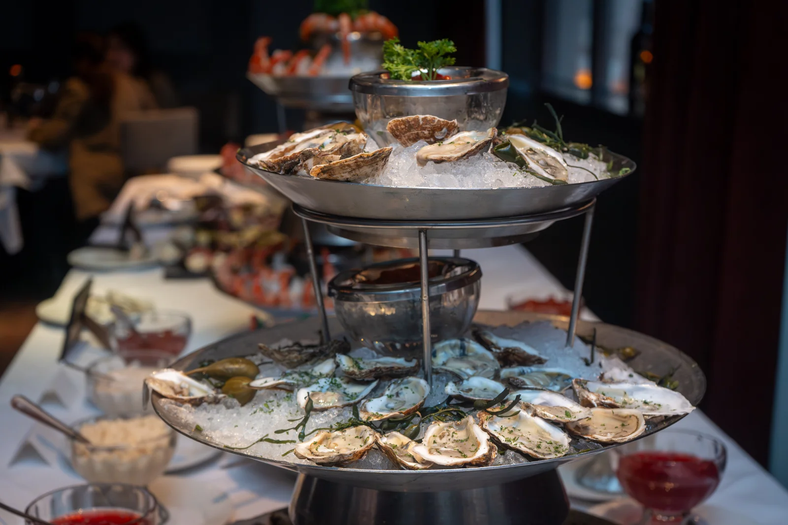 Oyster tower on ice at a Magnificent Mile Association reception at Mastro's