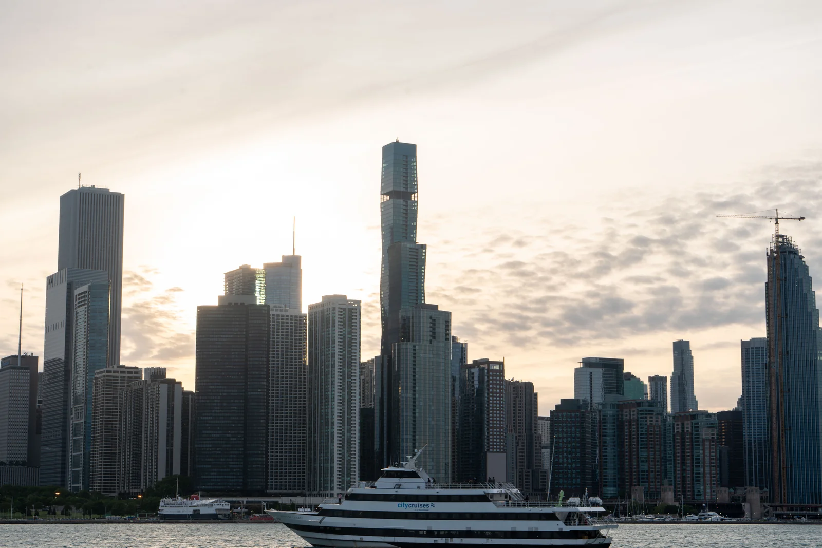 Chicago skyline at dusk from the river